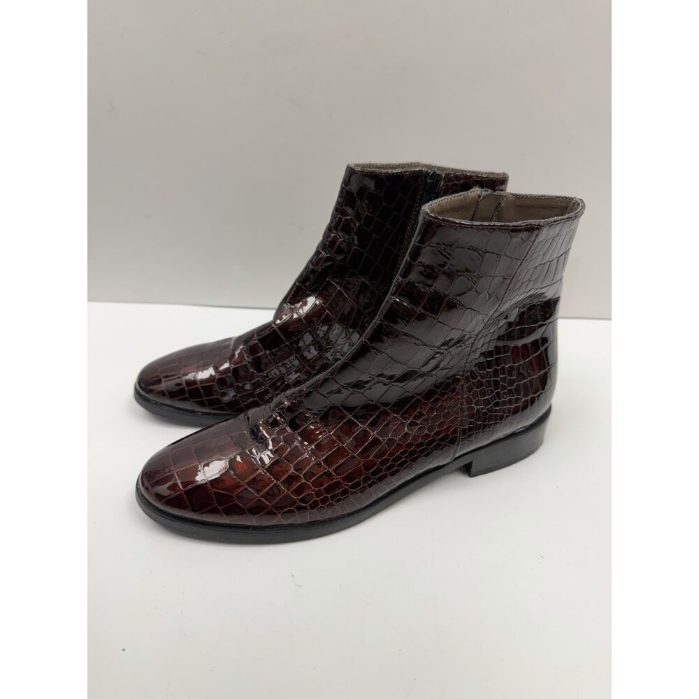 A. SOLIANI boots Brown CrocEmbossed Patent Leather Ankle Boots Side Zipper Sz 39